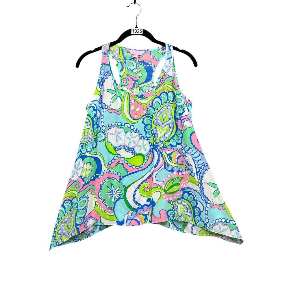 Lilly Pulitzer Silk Tank Top Womens Small Blue Pink Paisley Handkerchief Hem